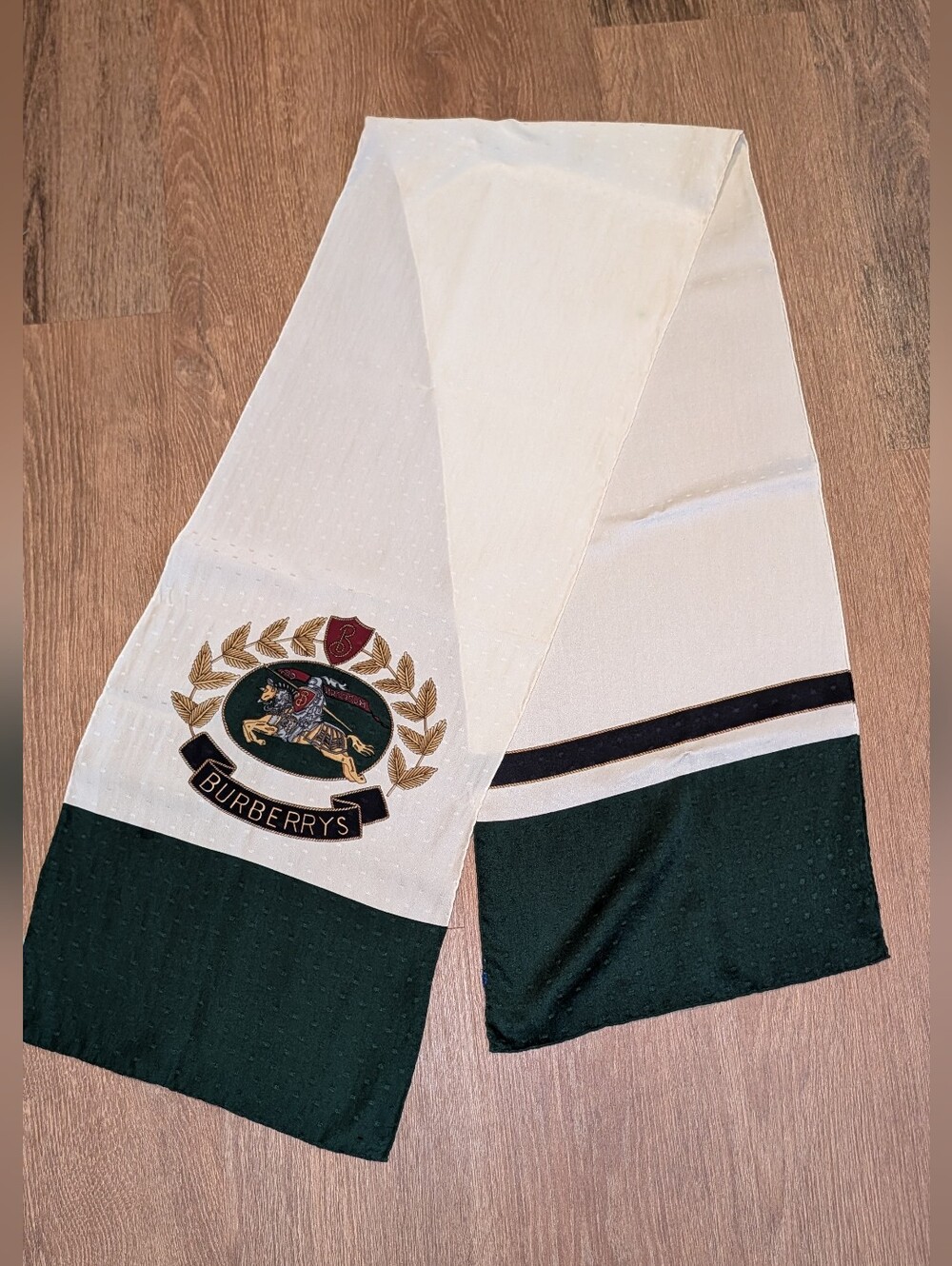 Burberrys Prorsum Knight Crest Vintage Scarf Cream Blue Hunter Green 11"x60" VGC